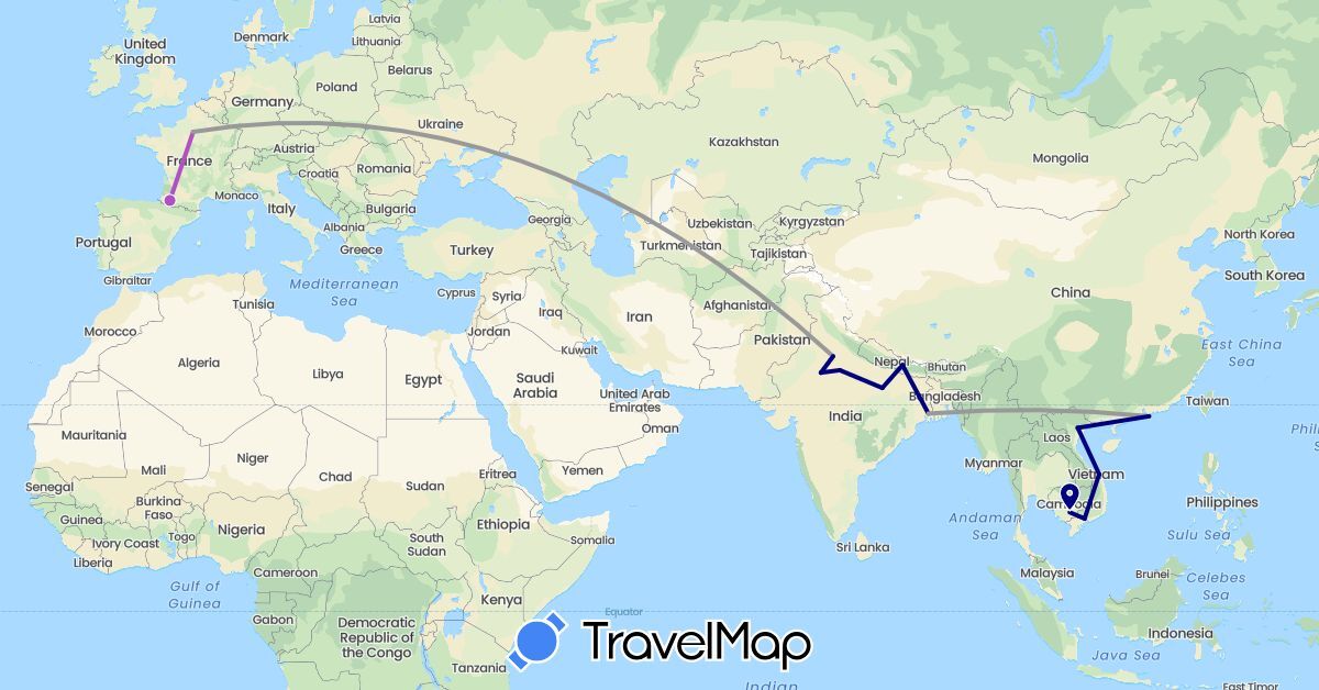 TravelMap itinerary: driving, plane, train in France, Hong Kong, India, Cambodia, Nepal, Vietnam (Asia, Europe)